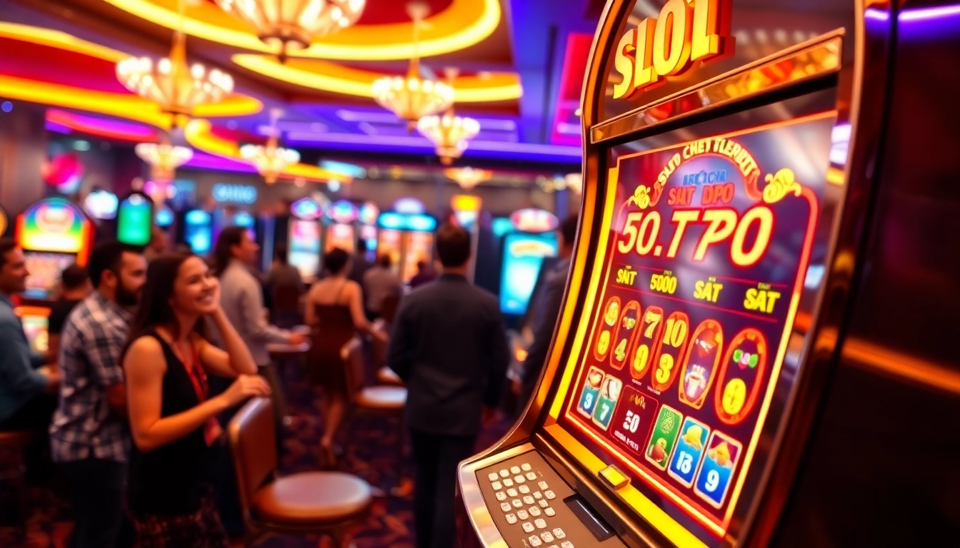 Mesin slot Depo 5000 yang menarik perhatian dalam suasana kasino yang meriah.