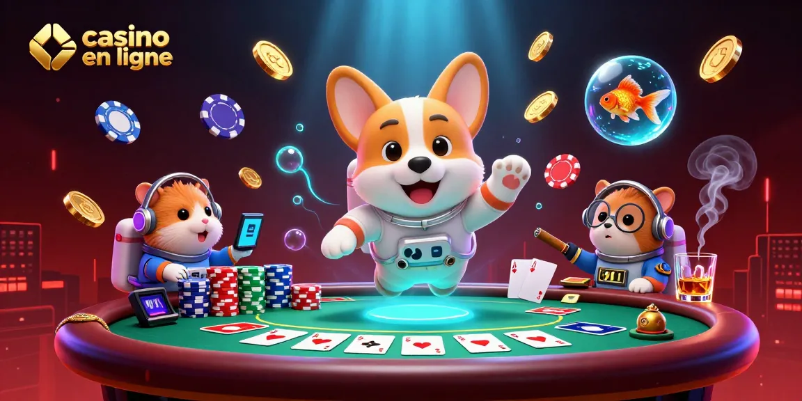 Image de casino en ligne avec un corgi astronaute et des jetons de poker flottants dans un espace.