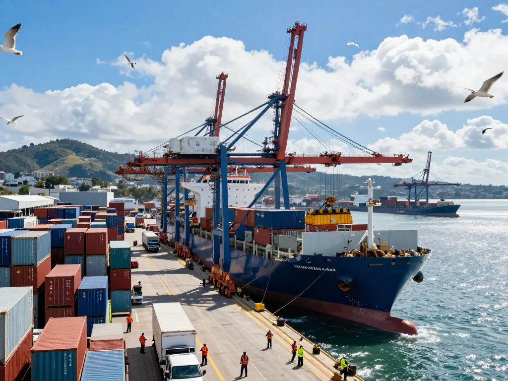Dynamic US port scene with cargo ships and workers engaged in shipping operations.