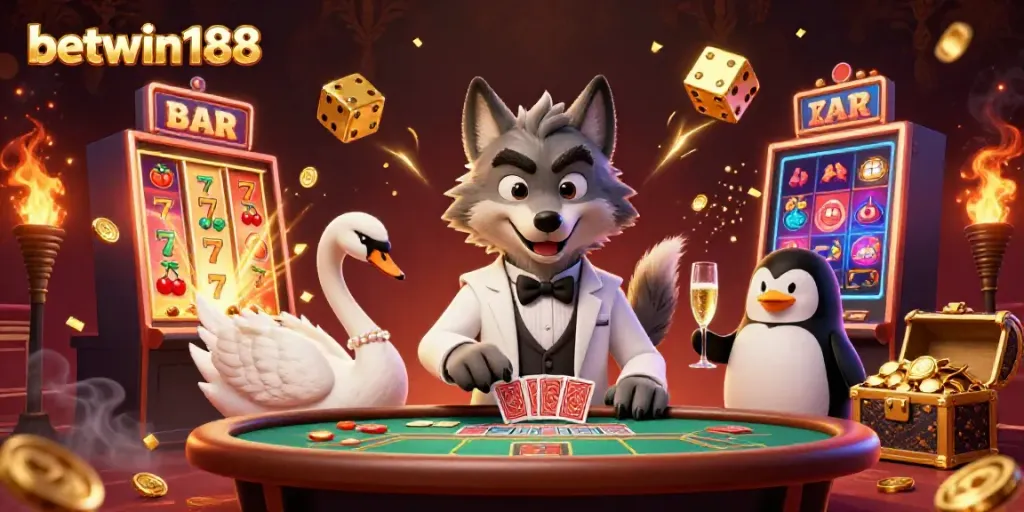 Ilustrasi betwin188 menampilkan karakter serigala, angsa, dan penguin di meja baccarat sambil mengeluarkan jackpot.