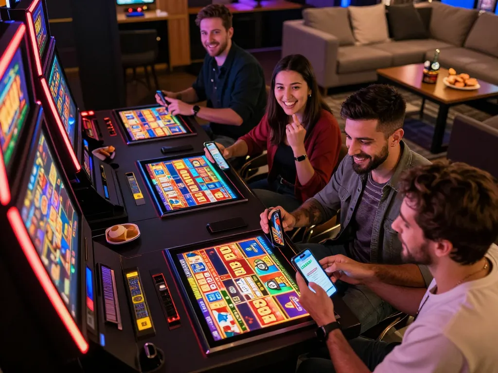 A group of players enjoying online slots and placing deposit 1000 bets in a lively home setting.