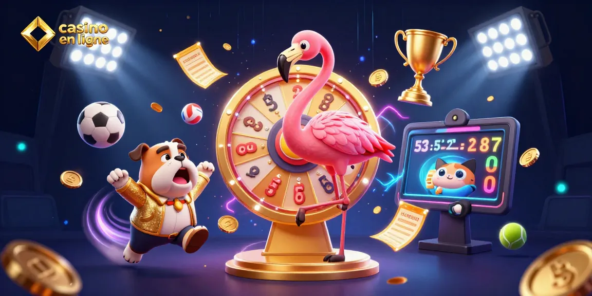 Une animation dynamique avec un flamant rose en veste dorée et un bulldog enthousiaste au casino en ligne.