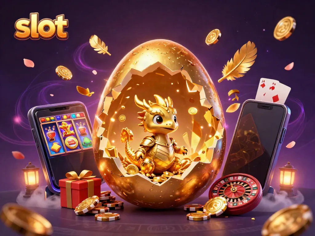 Slot yang menampilkan telur emas raksasa terbuka dengan naga dan simbol slot dalam konteks perjudian.