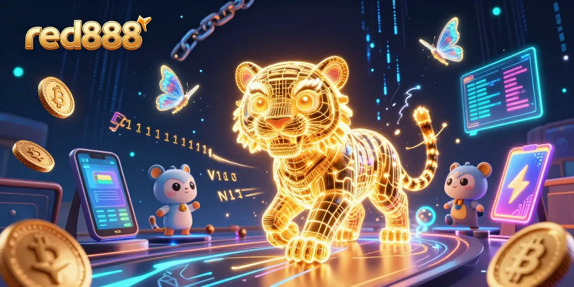 Engage with red888's vibrant digital casino scene featuring a golden tiger and holographic butterflies.