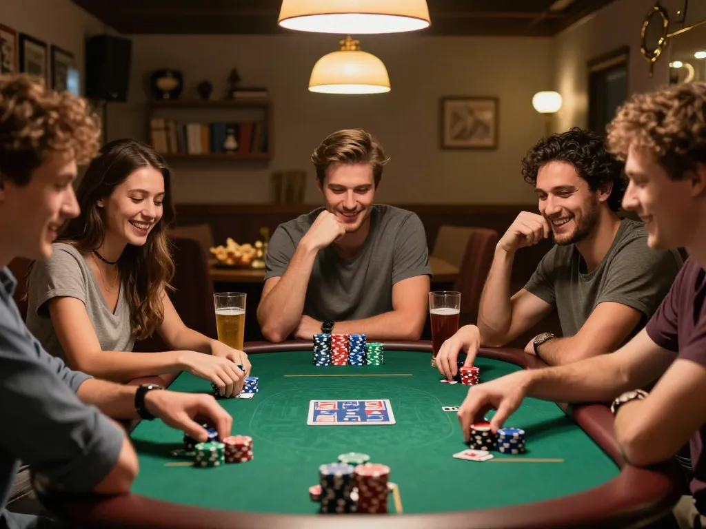 Engaging poker night among friends showcasing online casinos Canada atmosphere with chips and laughter