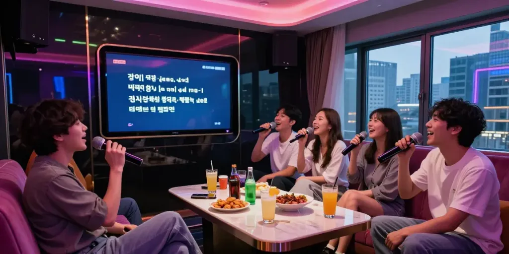 도파민 가라오케에서 친구들이 함께 노래를 부르고 있는 생동감 넘치는 장면