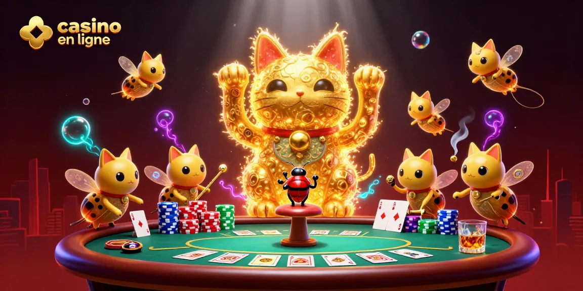 Jouez sur un casino en ligne avec une illustration colorée de lucioles en forme de chat porte-bonheur entourées de jetons et de cartes.