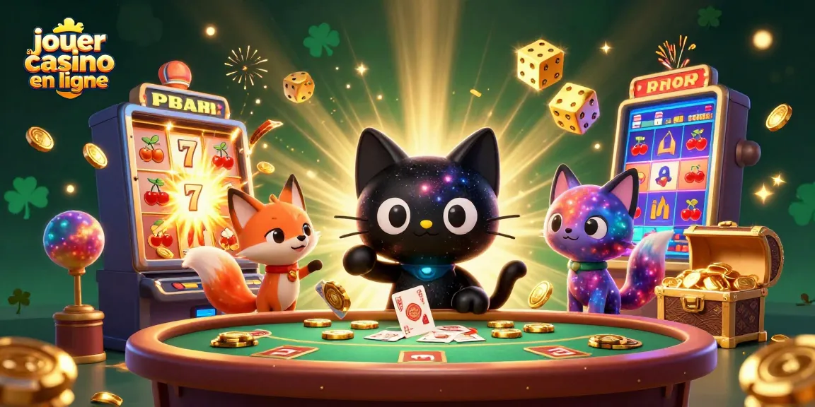 Jouez au casino en ligne avec un chat cosmique et des éléments de jackpot éclatants.