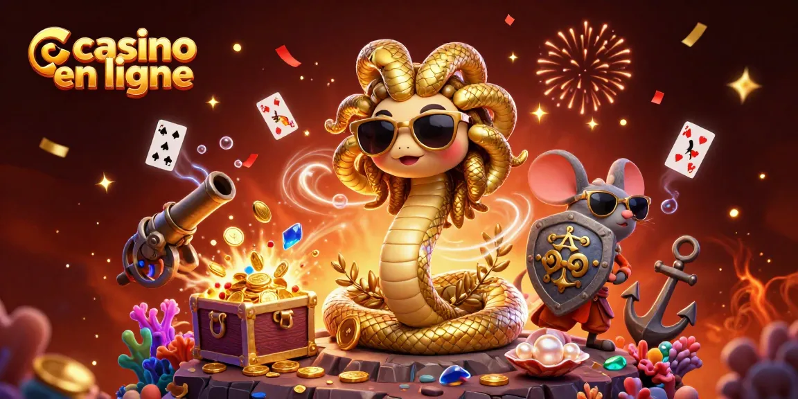 Jouer au casino en ligne avec Medusa et un guerrier souris dans une scène festive.