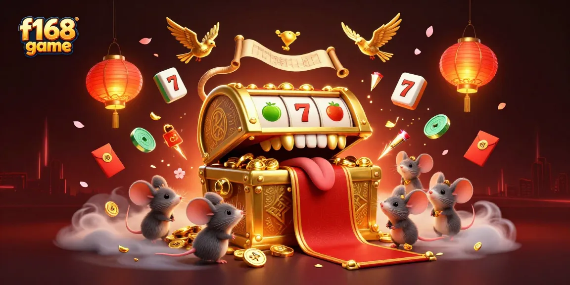 Engage with the f168 game treasure chest surrounded by animated characters and vibrant casino elements.