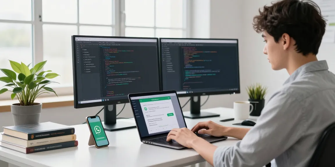 WhatsApp下載 interface on a developer's laptop in a modern tech workspace