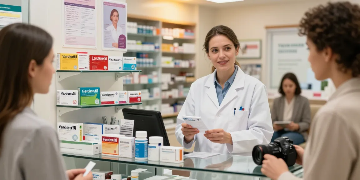 Vardenafil products on pharmacy shelf with pharmacist assisting customer, demonstrating support for erectile dysfunction solutions.
