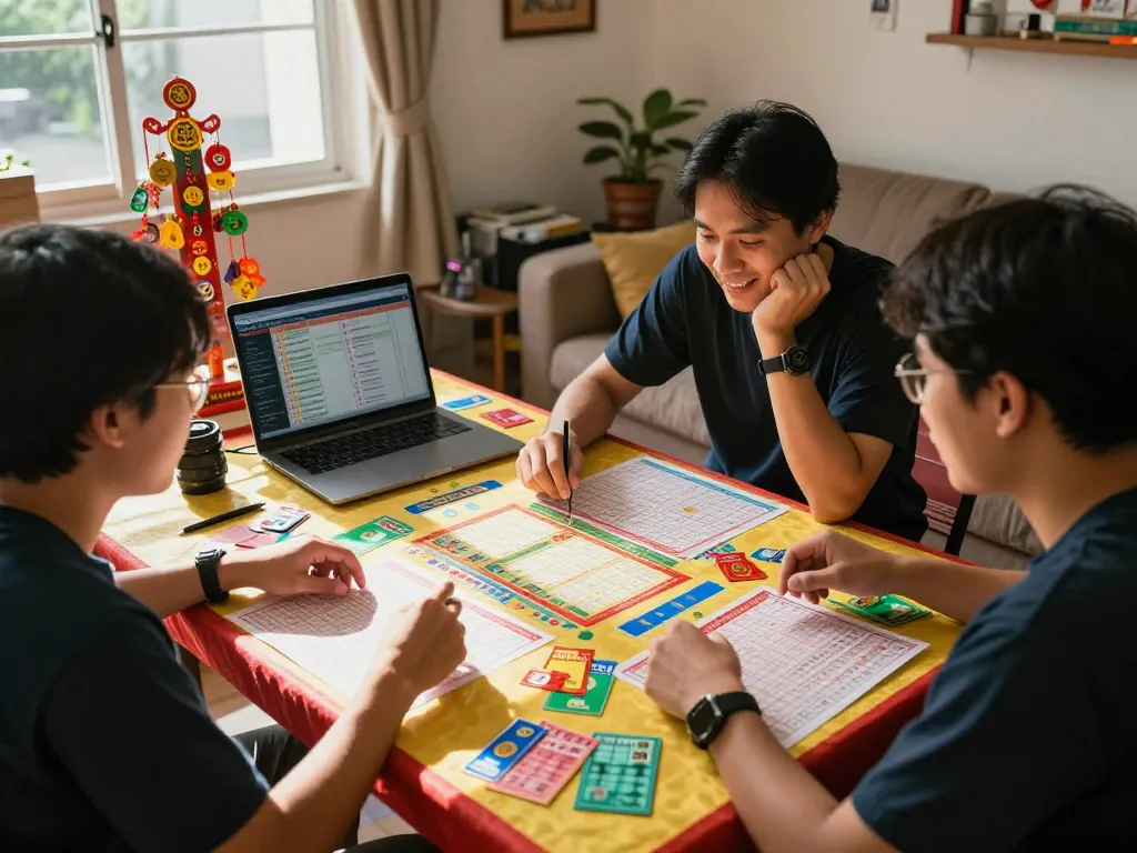 Enthusiastic players analyzing HK Togel lottery tickets in a vibrant living room.