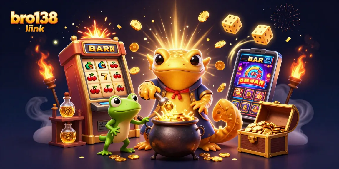 Experience the excitement of bro138 link with a vibrant 3D cartoon casino scene filled with gold and slot machines.