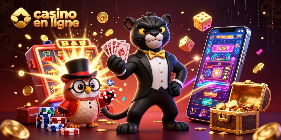 Plongez dans le monde du casino en ligne avec une panthère élégante, une chouette chic et une souris chanceuse autour de machines à sous.