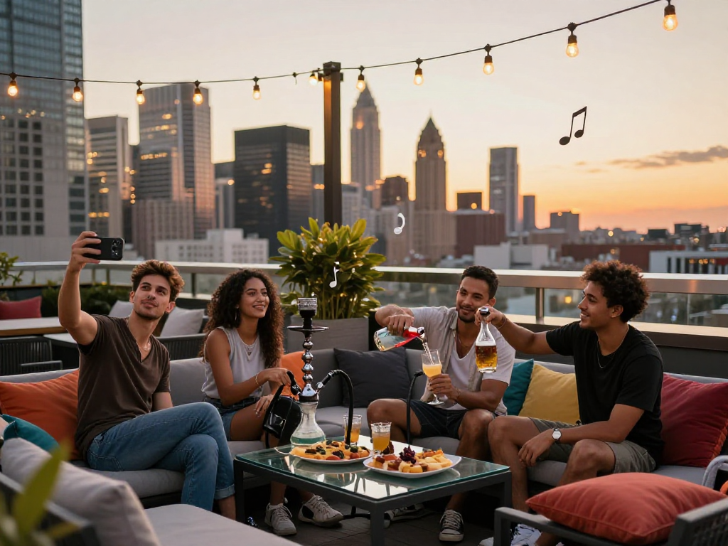 Friends enjoying a sunset gathering with rokok88 super, sharing a hookah on a stylish rooftop.
