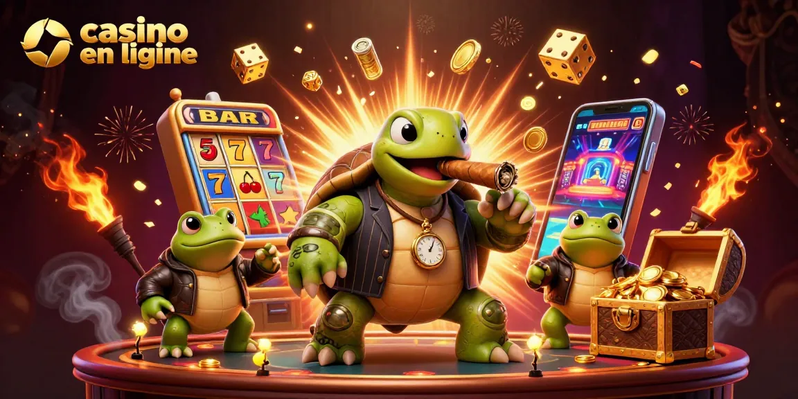 Casino en ligne : tortue mafieuse entourée d'éléments de jeu animés et lumineux.