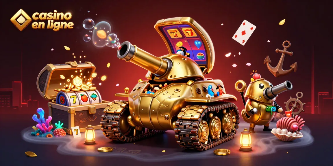 Illustration d'un casino en ligne avec un tank scarabée, des pièces et des confettis flottants.