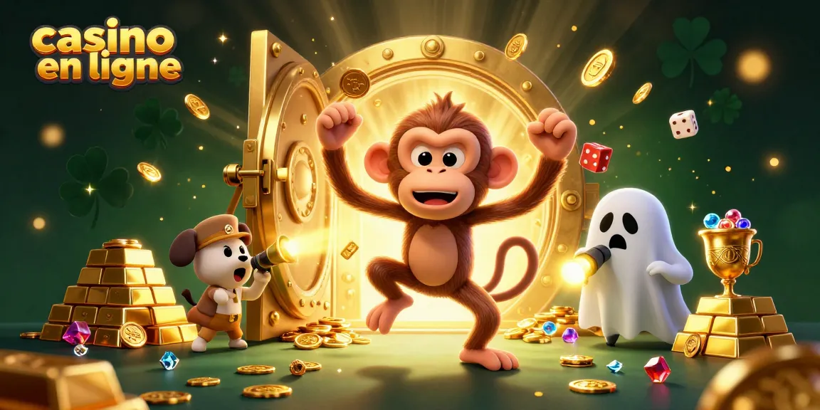 Casino en ligne avec un singe poltergeist amusant et un chiot chasseur de fantômes jouant dans un casino mystérieux rempli de trésors.