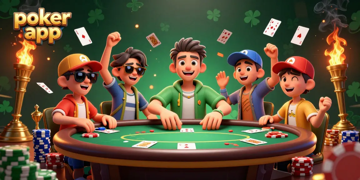 Gioca a poker app con entusiasmo intorno a un tavolo da poker, circondato da colori vivaci e dettagli affascinanti.