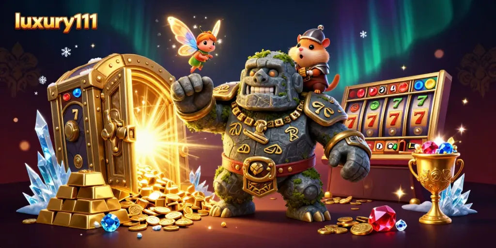 luxury111 menampilkan golem penjaga slot kasino, dengan harta berkilau di sekitarnya
