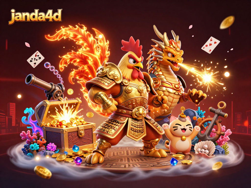 janda4d showcases a dynamic 3D scene of an armored rooster and dragon, capturing the thrill of gaming.