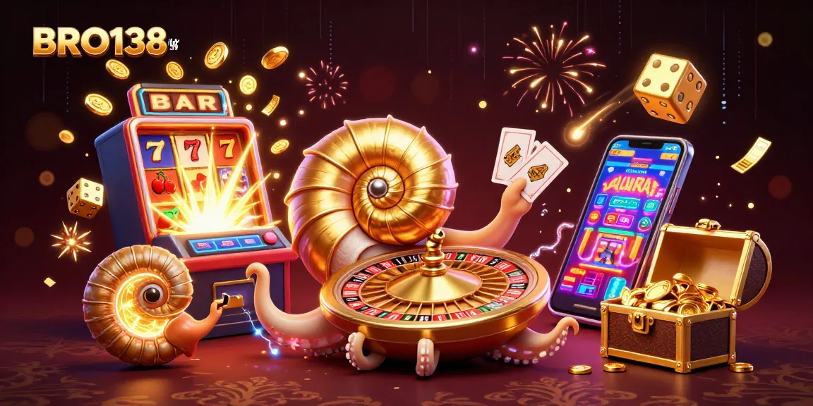 Experience the excitement of BRO138 link with a vibrant casino scene featuring spinning reels and jackpot wins.