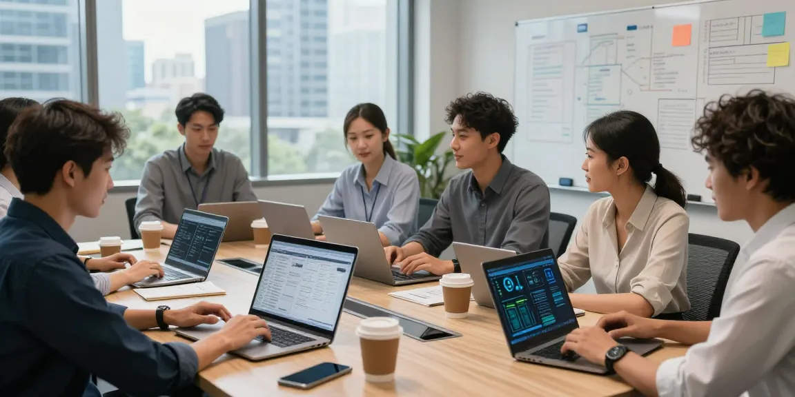 Dynamic IT support business team collaborating in a modern office setting.