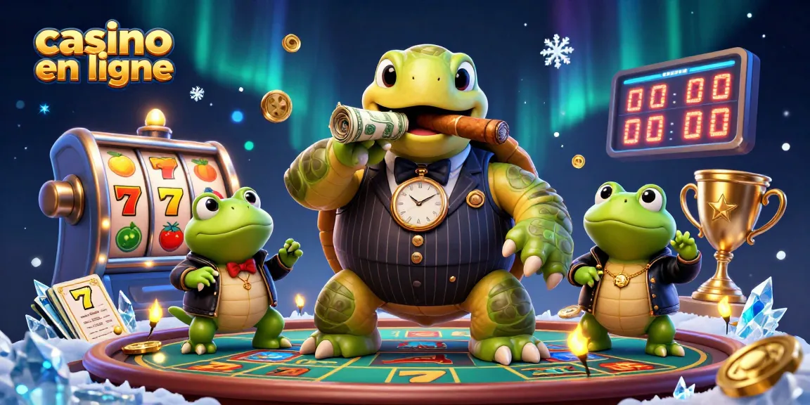 Jouer sur un casino en ligne avec une tortue géante et des grenouilles en costume dans un environnement féérique.