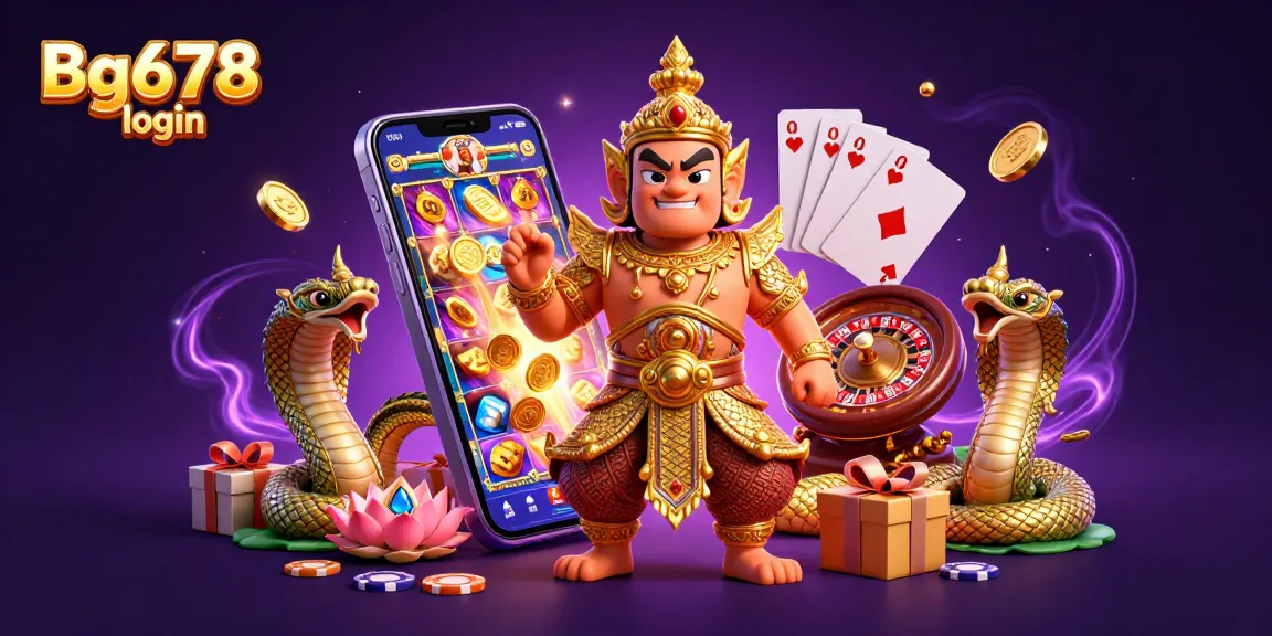 Join the excitement with Bg678 login, featuring a vibrant 3D illustration of gambling characters and game elements.