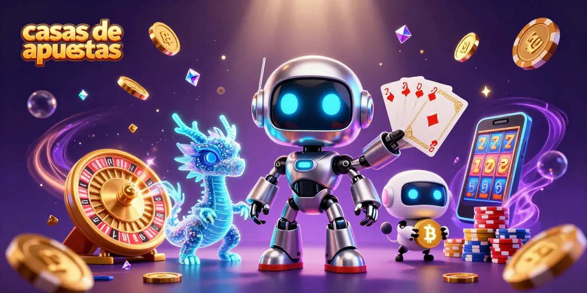 Ilustración 3D de casas de apuestas con un robot cibernético, un dragón holográfico y monedas voladoras.