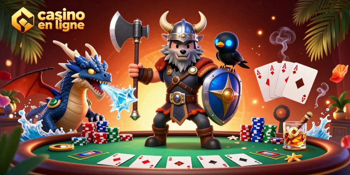 Ce casino en ligne met en scène un guerrier Viking et un dragon dans un décor de poker captivant.