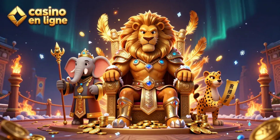 Illustration dynamique représentant un lion roi, un éléphant sage et un guépard messager dans un casino en ligne, entourés d'éléments de jeux et de jetons.
