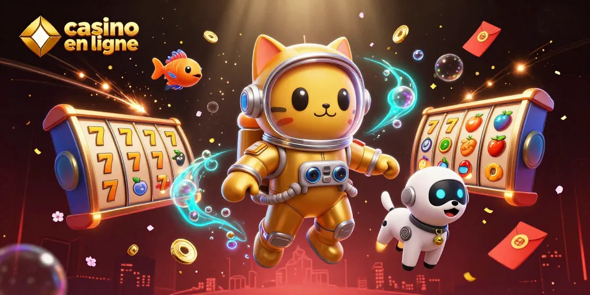 Jouez au casino en ligne avec un chat astronaute et un chien robot flottant parmi des jeux de slots colorés.