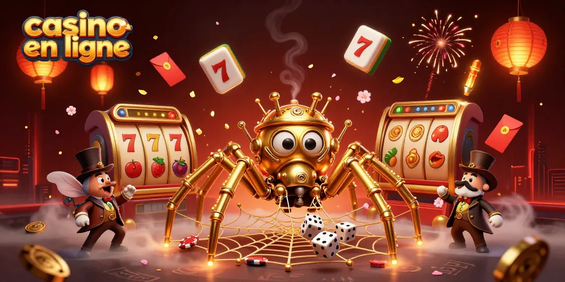 Illustration captivante d'un casino en ligne, mettant en scène une araignée steampunk et des éléments de jeu colorés.