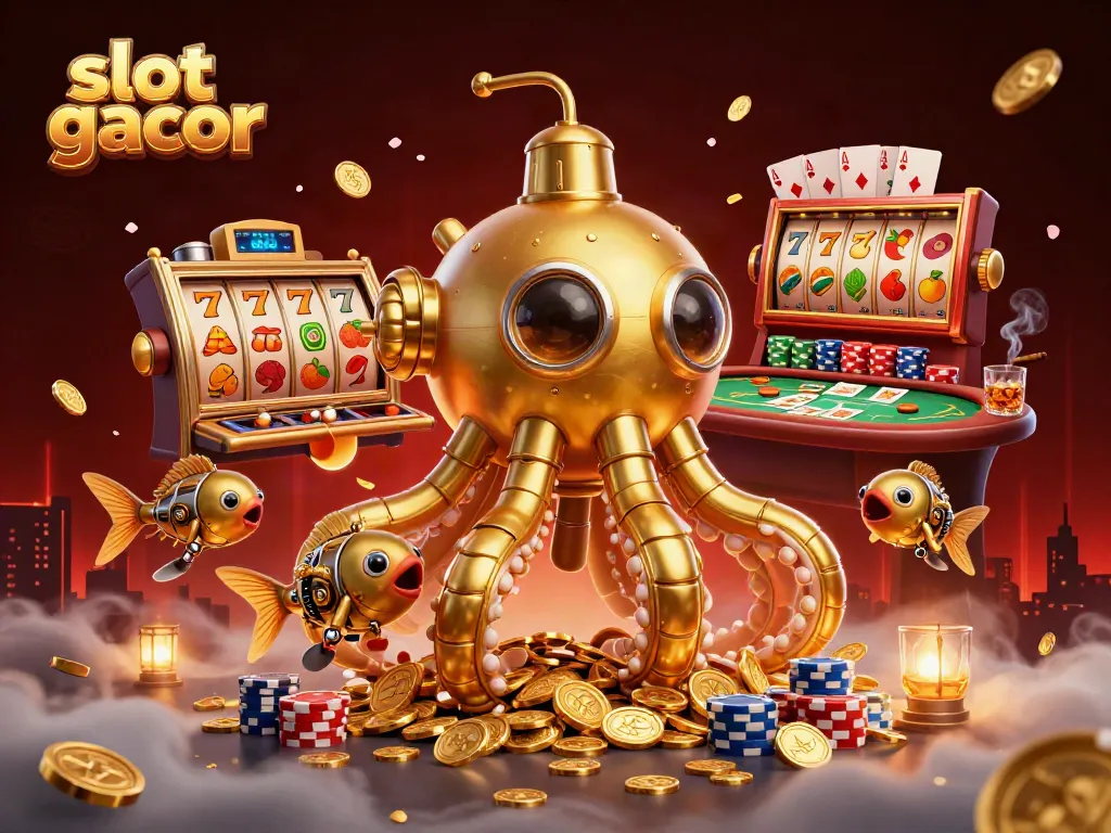 Engage in slot gacor adventures with a golden kraken surfacing through coins and dynamic poker elements.