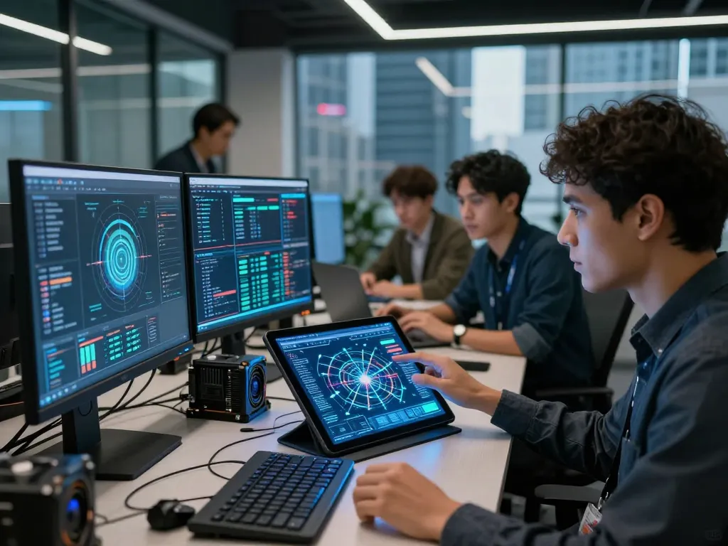 Focused team analyzing online crypto mining data on high-tech devices in a modern office.