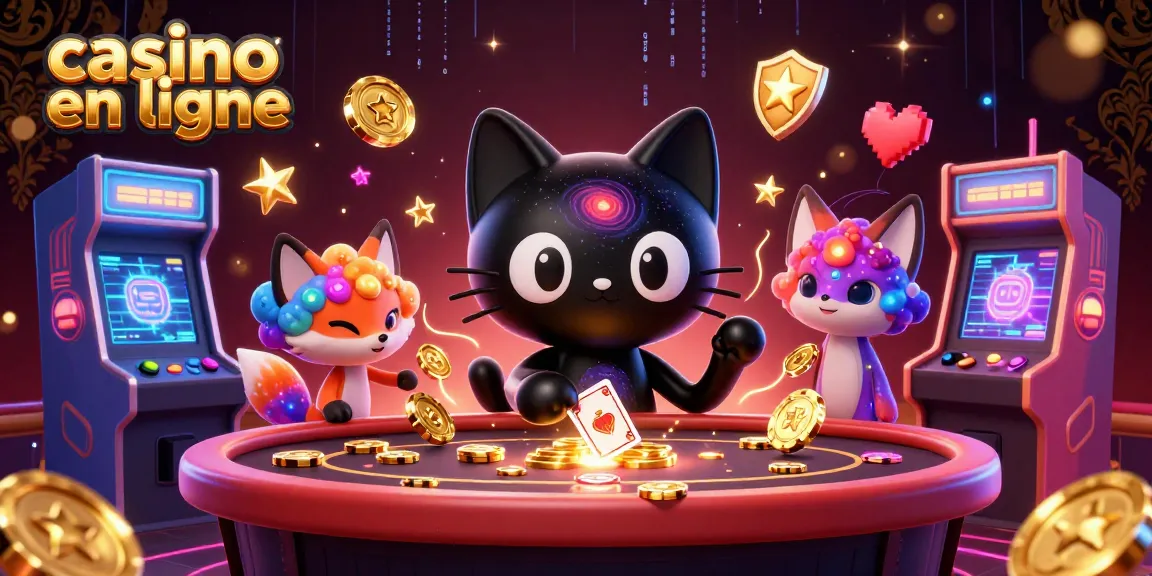 Casino en ligne : chat noir gravitationnel attirant des jetons d'or avec un renard nébuleux.