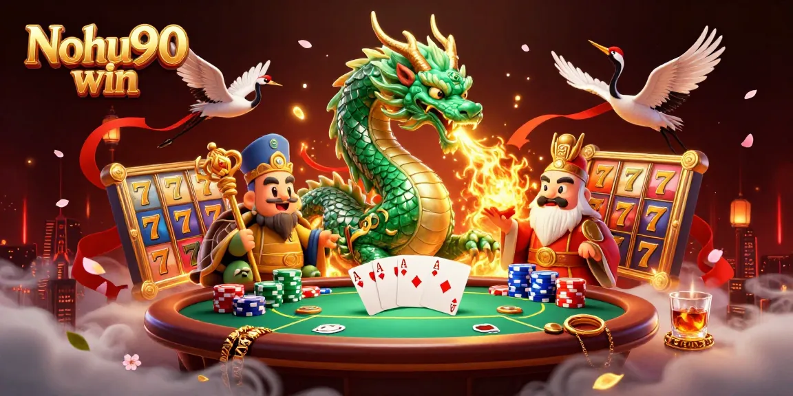 Nohu90 win showcases an emerald jade dragon and lucky symbols amidst vibrant casino elements, creating a thrilling gaming atmosphere.