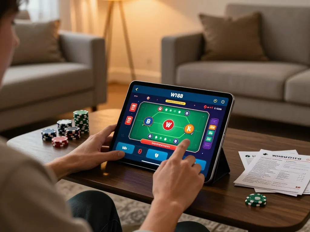 Player engaging with W188 online casino app while analyzing strategies in a cozy living room