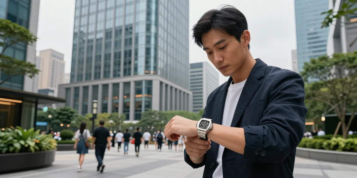 Stylish individual checking luxury super clone watches in an urban setting, showcasing elegance and sophistication.