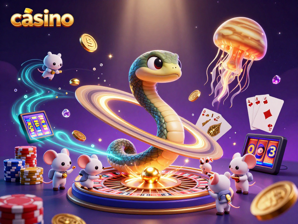 Engaging casino scene with a Saturn-themed roulette, astronaut mice betting, and shimmering gold coins