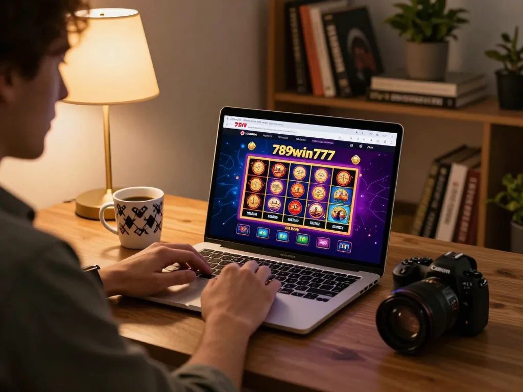 Player engaging with 789win777's online casino games on a laptop, showcasing a cozy home gaming setup.