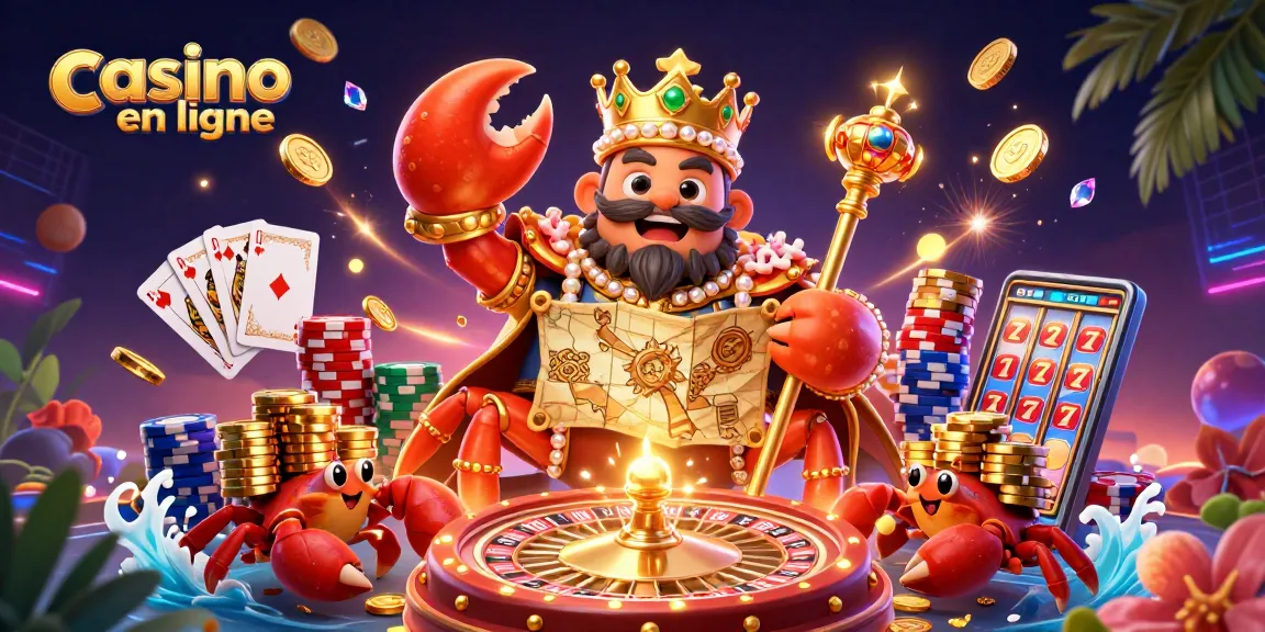 Illustration colorée d'un crabe empereur dans un casino en ligne avec des jetons et des jeux.