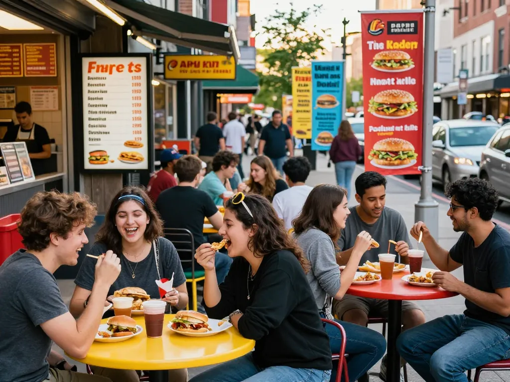 Group of friends enjoying fast food in vibrant urban setting, showcasing current fast food prices.