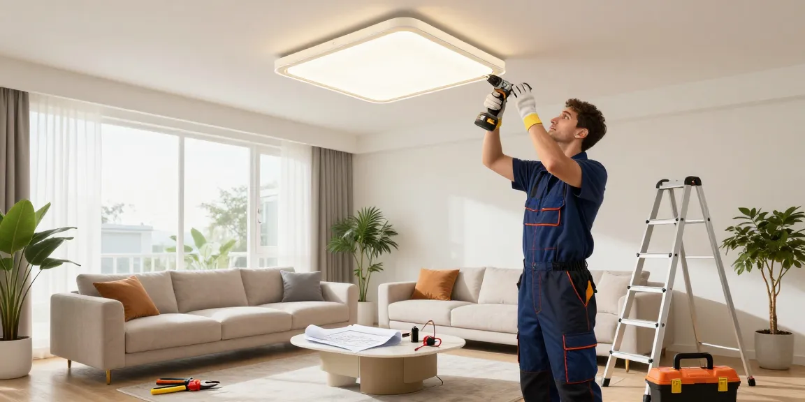 Professional electrician installing stylish ceiling lights in a modern residential living room.