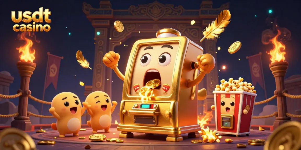 Giocando nel usdt casino, una slot machine dorata vince un jackpot travolgente con monete volanti.