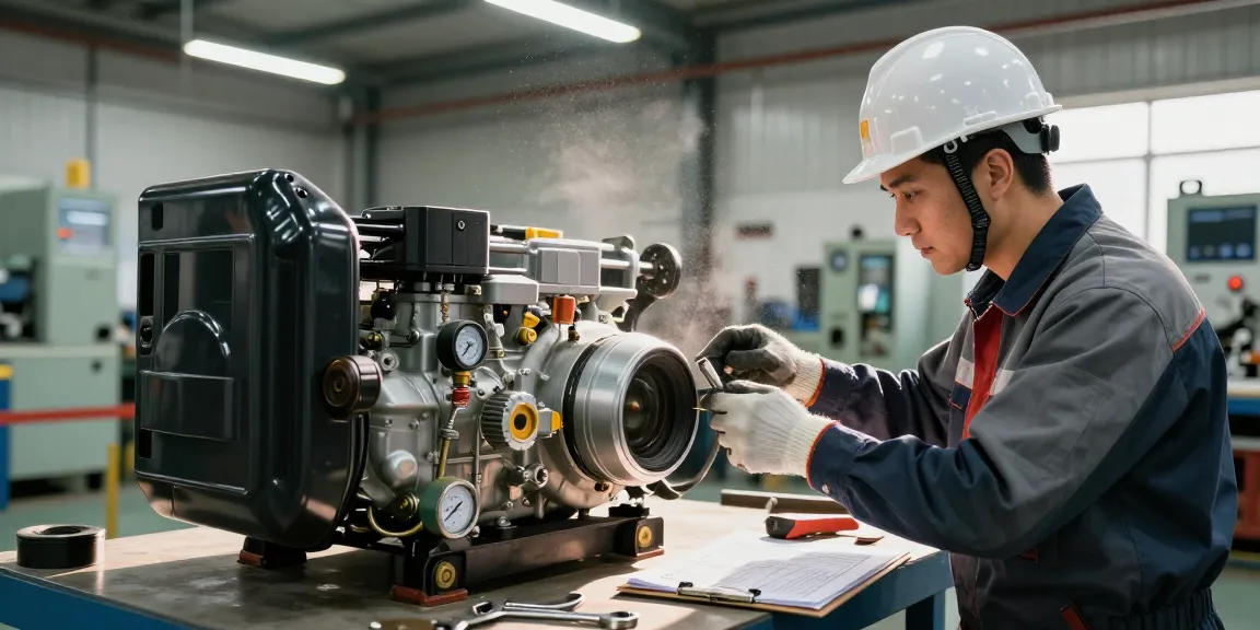 Technician inspecting diesel generators in an industrial workshop, showcasing reliability and maintenance focus.