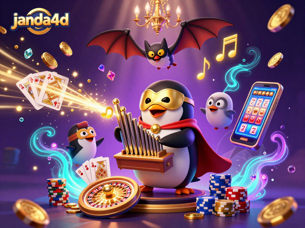 Experience engaging gameplay with janda4d featuring a penguin organist amidst gold coins and casino excitement.