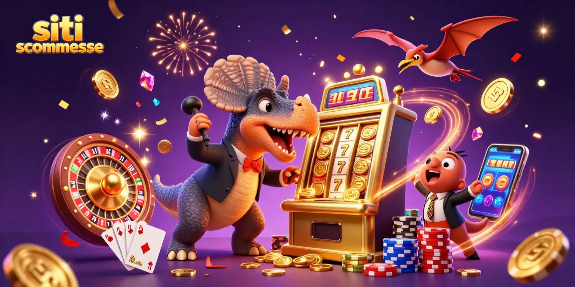 Vivi l'emozione delle scommesse con i migliori siti scommesse mentre i dinosauri interagiscono con una slot machine d'oro.